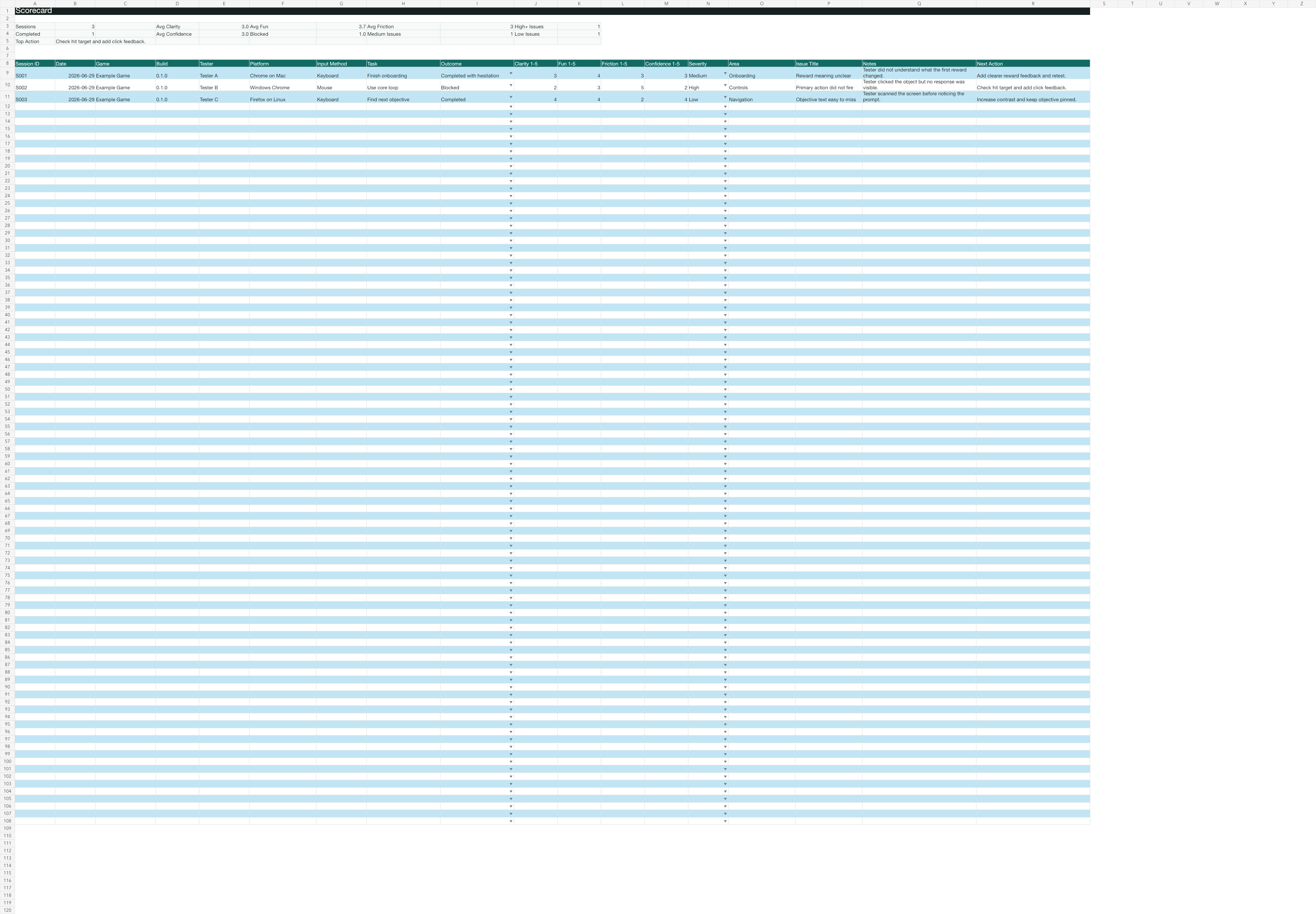 Spreadsheet scorecard preview